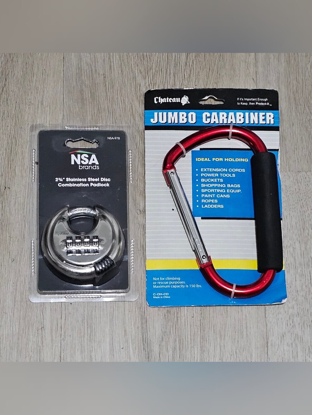 NSA Disc Combination Padlock & Chateau Jumbo Carabiner Utility Clip 2 Piece Lot